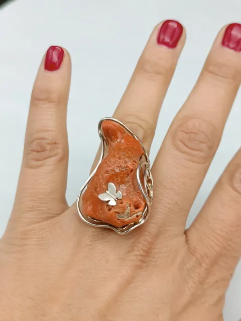 Bague pour Femme Vrai Corail Rouge De Sardaigne Naturel Argent Blanc Réglable