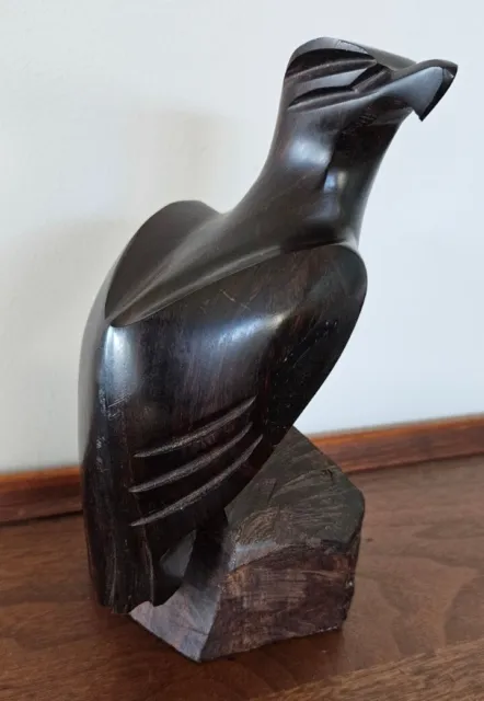 Falcon Hawk Eagle Statue VTG 7” Hand Carved Bird Of Prey Hawk Iron Wood on Perch
