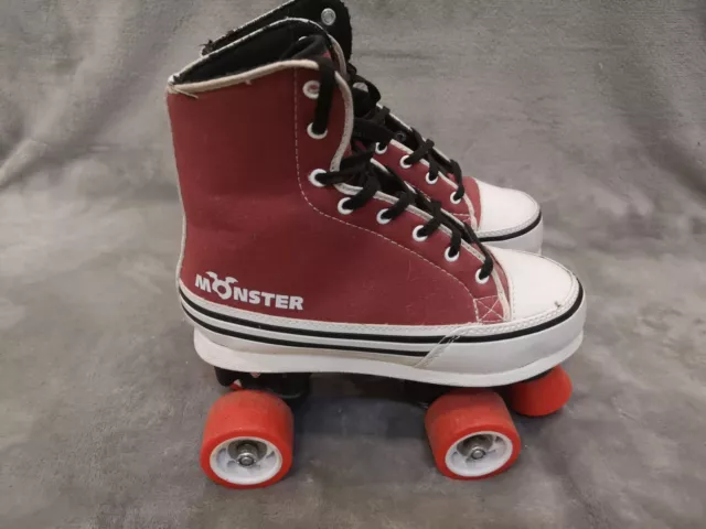 Kids Monster Quad Roller Skates Size 3 Canvas Boots Red Burgundy Hi Top
