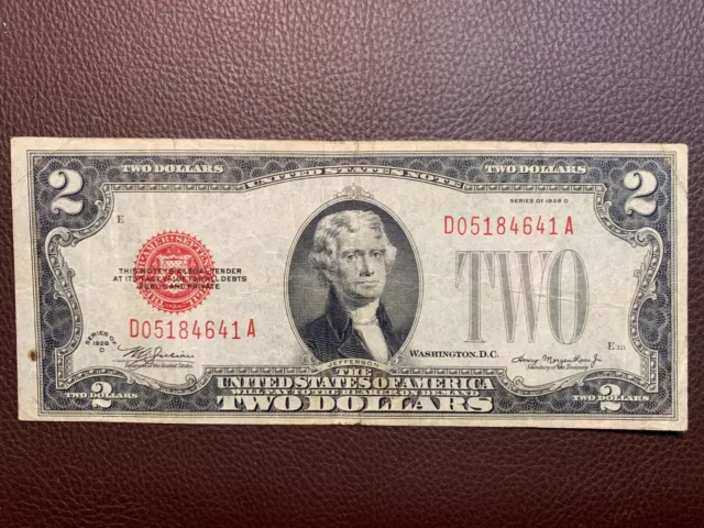 1928-D Two Dollars Bill Red Seal Note D 05184641 A good condition