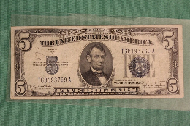 1934-D Five Dollar Silver Certificate $5 Bill Blue Seal Note Circulated