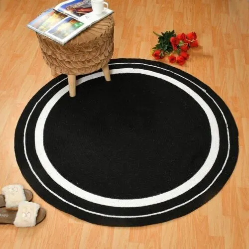 Round Rug Natural Jute & Cotton Bohemian Area Rag Black & White Indoor Carpet