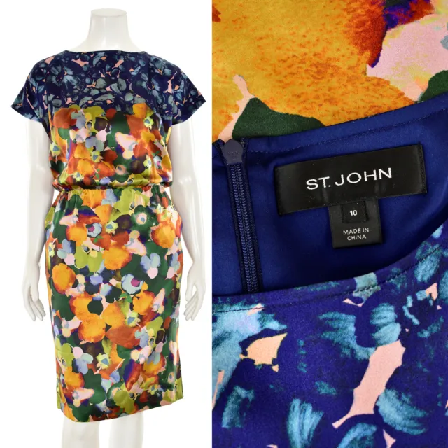 St. John Knits Multi-Color Abstract Floral Silk Charmeuse Blouson Dress sz 10