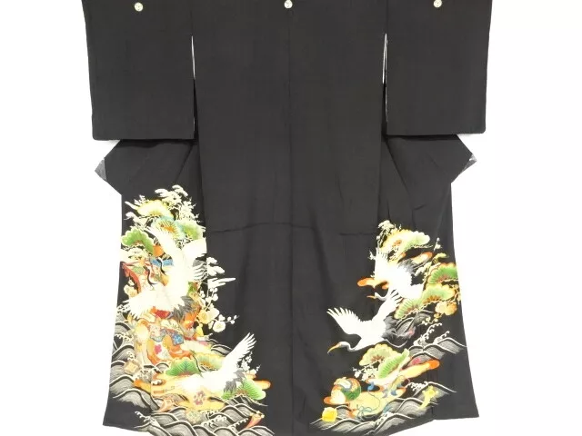 82766# Japanese Kimono / Antique Tomesode / Embroidery / Kinsha Cranes
