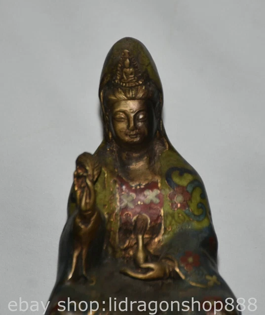 8.6" Old Chinese Cloisonne Copper Buddhism Guan Yin Goddess Statue Paintings 2