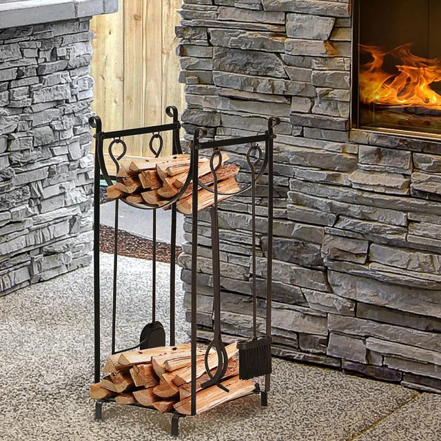 Outdoor 2-Tier Fireplace Log Rack 18" Firewood Holder w/ Poker Tongs Hooks