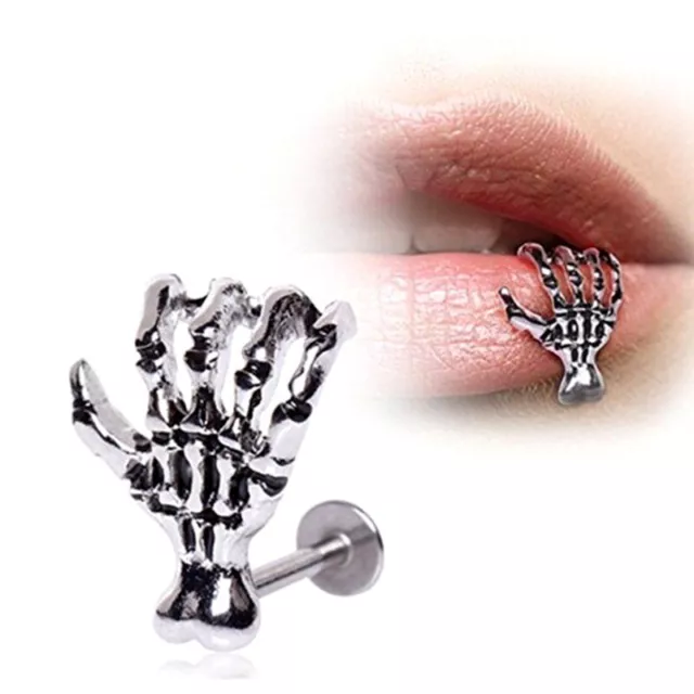 Skeleton Hand Lip Ring Bar Steel Labret Monroe Skull Ear Stud Piercing 16G 10mm