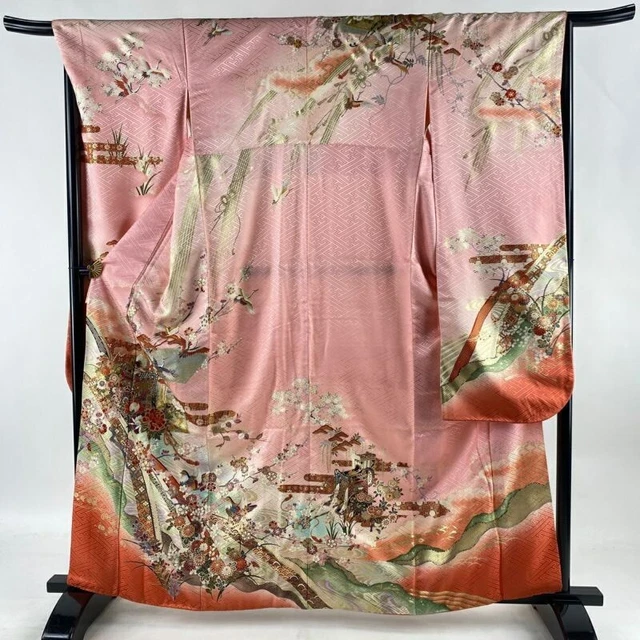 Japanese Kimono Furisode Pure Silk An Ox Drawn Coach Flowers And Birds Pink