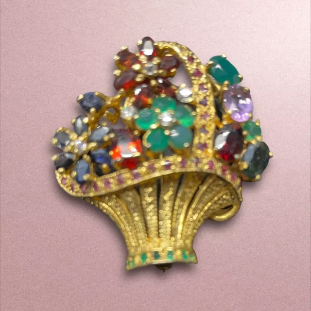 Vtg Beautiful Floral Flower Basket Multicolored Rhinestone Gold Tone Brooch Pin 2