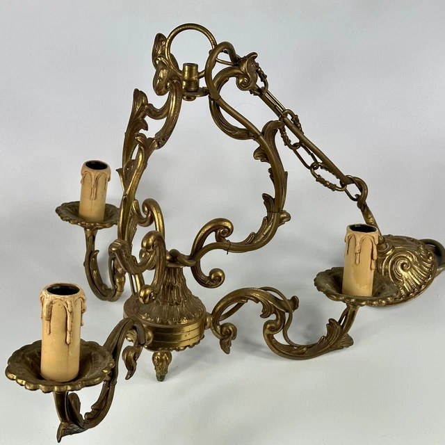 Vintage French 3 Arm Ornate Rococo Ceiling Light Chandelier Stamped Bronze