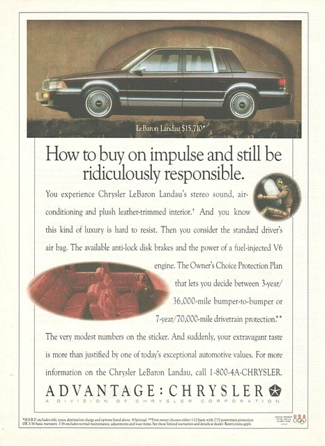 CHRYSLER LeBaron Landau vintage magazine print ad from Time 1992 car automobile