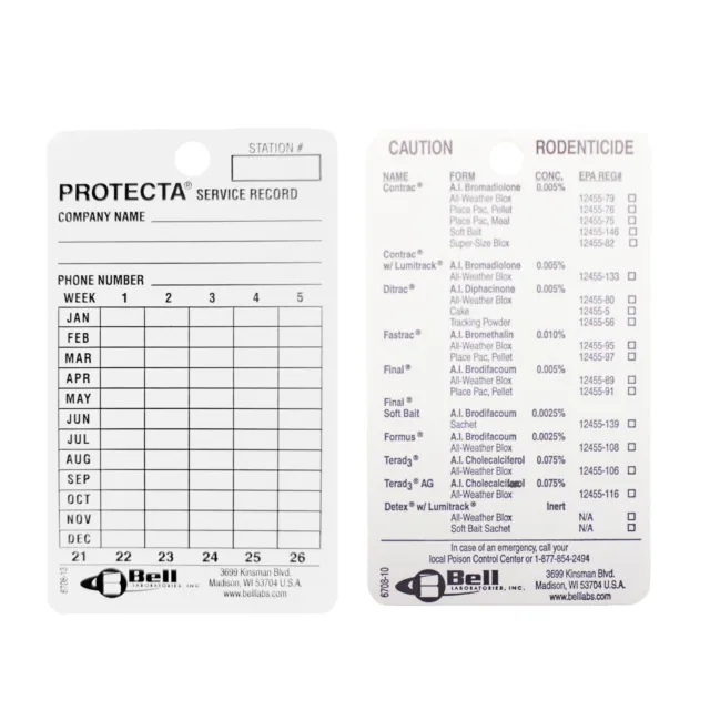 Protecta Baiting Station Service Record Cards (100 Cards) Protecta Service Cards