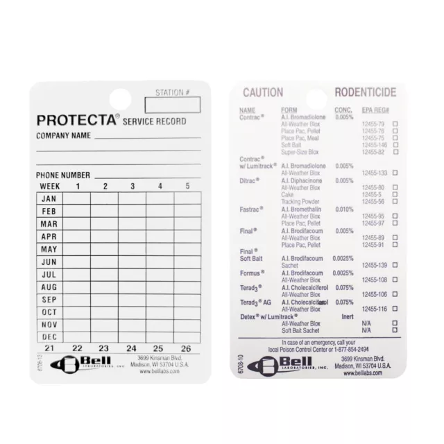 Protecta Baiting Station Service Record Cards (100 Cards) Protecta Service Cards