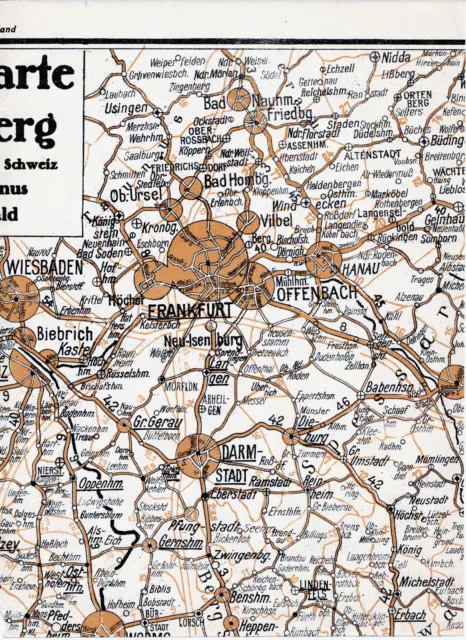 Frankfurt Darmstadt Mainz Hanau 1934 orig. Teilkarte *zukünftige Reichsautobahn