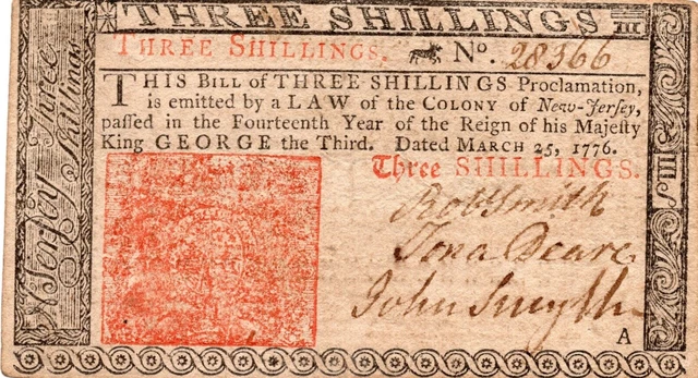 Continental Currency - March 25th 1776 New Jersey Colony 3 Shillings - NJ-177