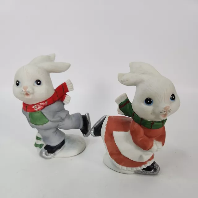 VINTAGE Homco Christmas Ice Skating Bunny Rabbits Boy & Girl 4" Figurines 5305