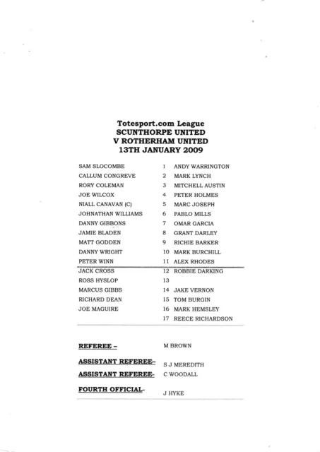 Teamsheet - Scunthorpe United Reserves v Rotherham United Res 2008/9 (13 Jan)