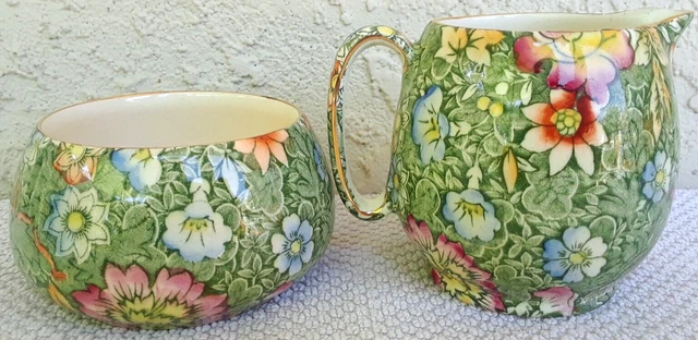 Vtg Royal Winton Grimwades England Chintz Sugar & Creamer Pitcher Gold Trim 42R 3