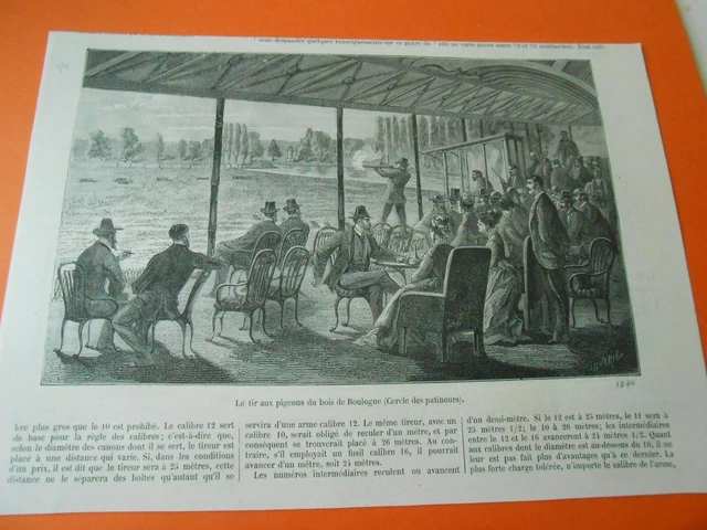 Gravure 1874 - Le Tir aux pigeons Bois de Boulogne Cercle des patineurs
