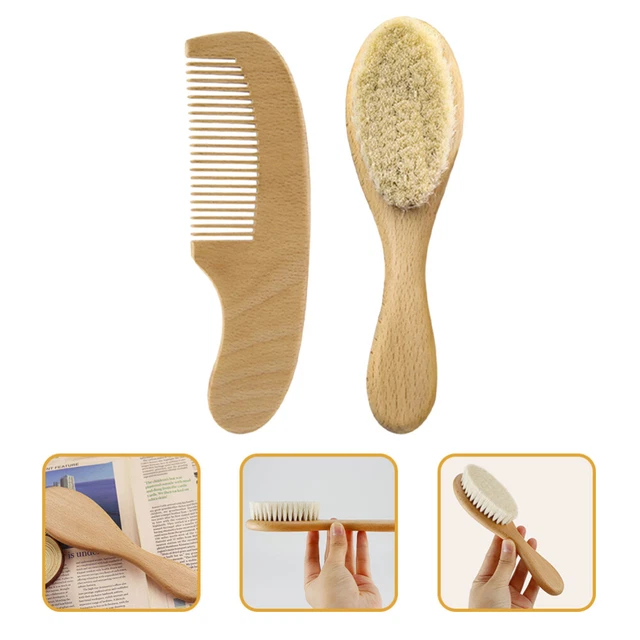 Wool Brush Set Newborn Hair Baby Shower Gift Wooden Comb Natural