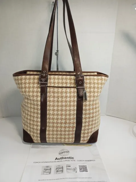 Coach HoundsTooth  Beige Brown Tote Purse Wool Leather Straps 5178 COA