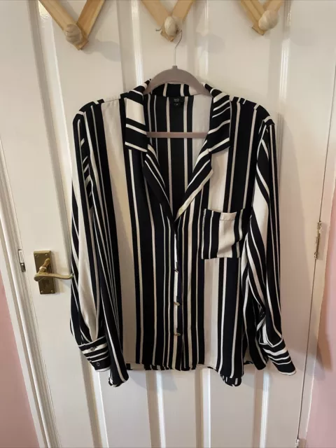 RIVER ISLAND Black White Striped Button Up Collared Blouse, Size 24