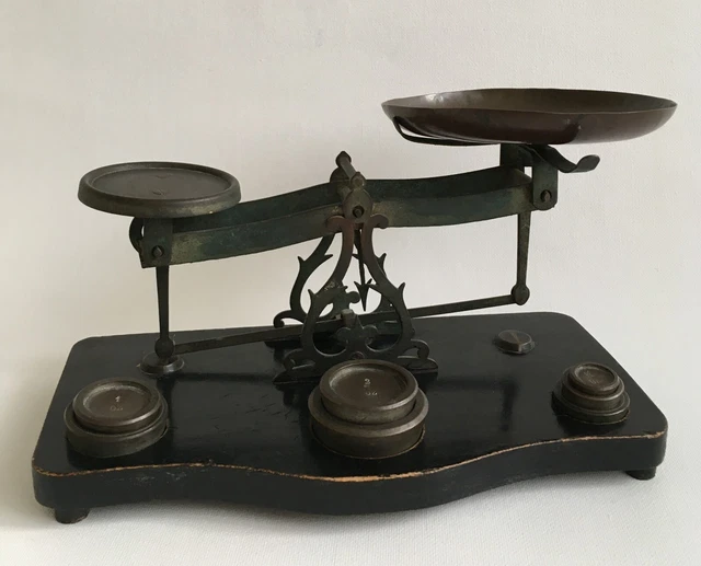 VICTORIAN BRASS EQUAL-ARM Scales Roberval Type Seven Weights England c ...