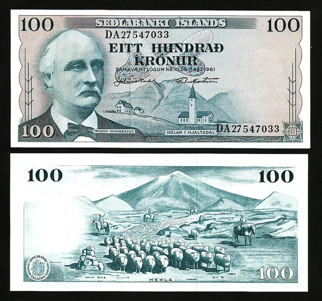 Iceland 100 Kronur 1961, Unc-, P-44, Sign 43