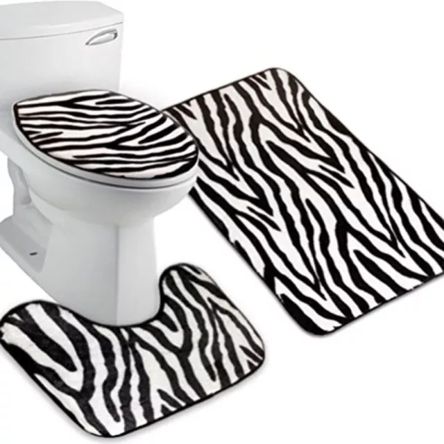3Pcs Zebra Stripe Bath Rug Set with Non-Slip Flannel Cover-QC