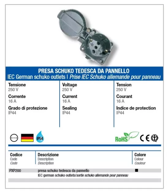 PXP200 omegafusibili presa Schuko tedesca da pannello - 10 pezzi