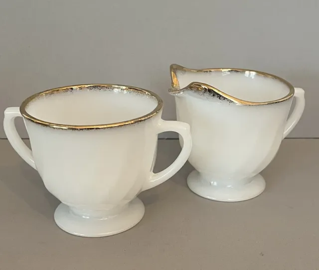 Vintage Fire King Milk Glass Swirl Gold Trim Creamer and Sugar Bowl