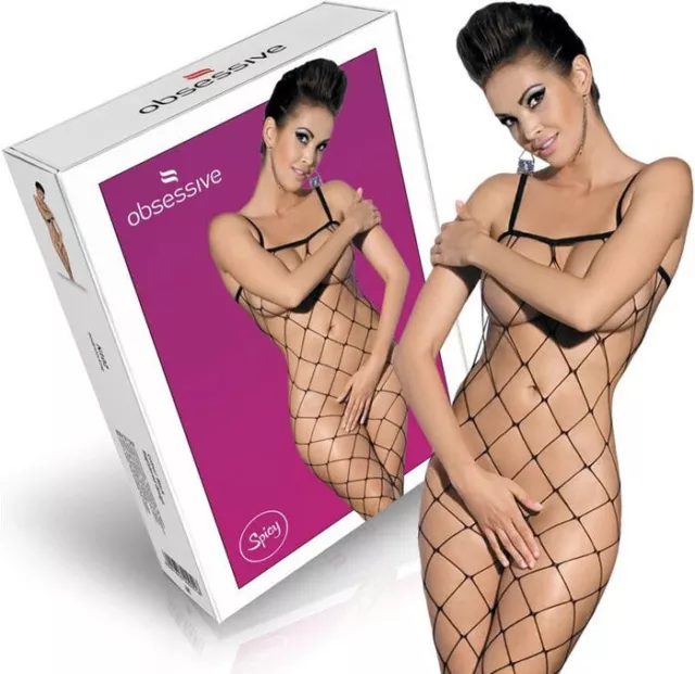 N102 Tuta Bodystocking Tutina Nera con Spalline Sottili in Rete a Maglia Larga