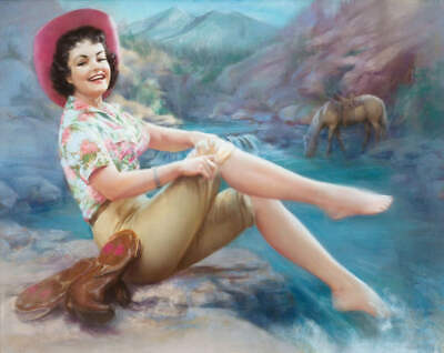 Pin Up Cowgirl with Horse by Stream by Zoe Mozert