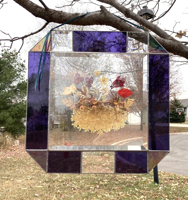 Stained Glass Hanging Panel Dried Pressed Flowers Lead Frame 13”x 13” Art Deco