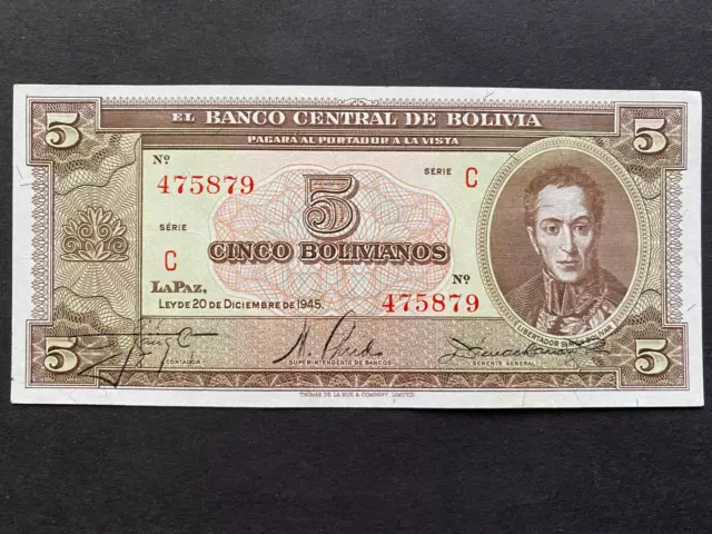 BOLIVIA, 1945, Billete Banco Central de Bolivia, CINCO BOLIVIANOS, Serie C, Unc