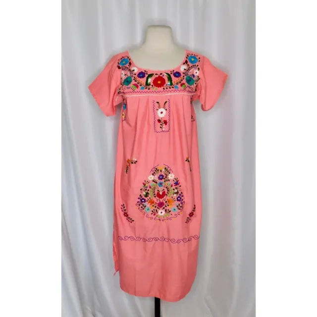Vintage Hand Embroidered Handmade Pink Floral Shift Mexican Mexico Midi Dress XS