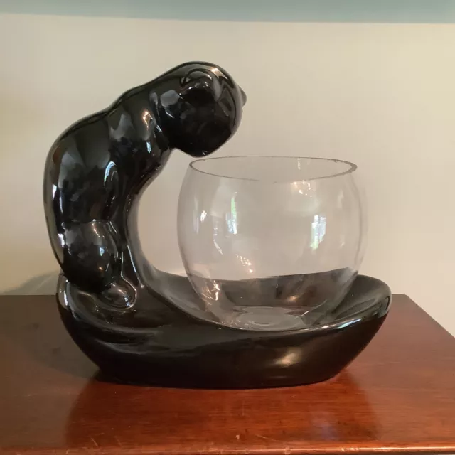Royal Haeger Pottery- Black Cat Ceramic Sculpture W/ Glass Fish Bowl Planter 9x8
