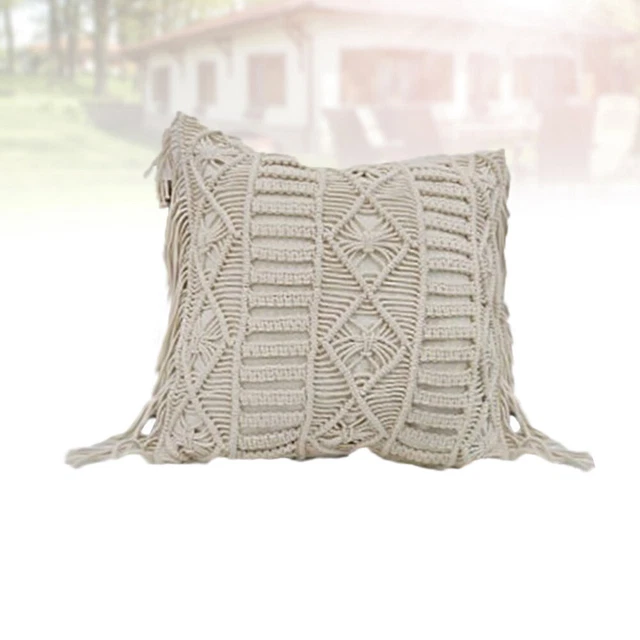 Funda de cojín beige con cordón de algodón tejido a mano estilo bohemio creativo