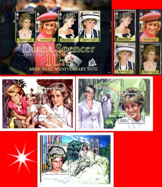 Mongolie 1997 Princesse Diana 4 Timbres Ensemble + M/S + 3 S/S MNH Mère