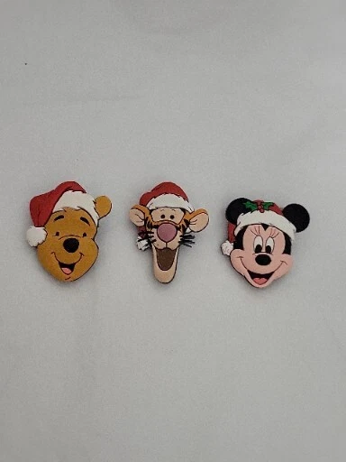 Vintage Disney Set of 3 Rubber Pin Badges Mickey Mouse And Friends Christmas