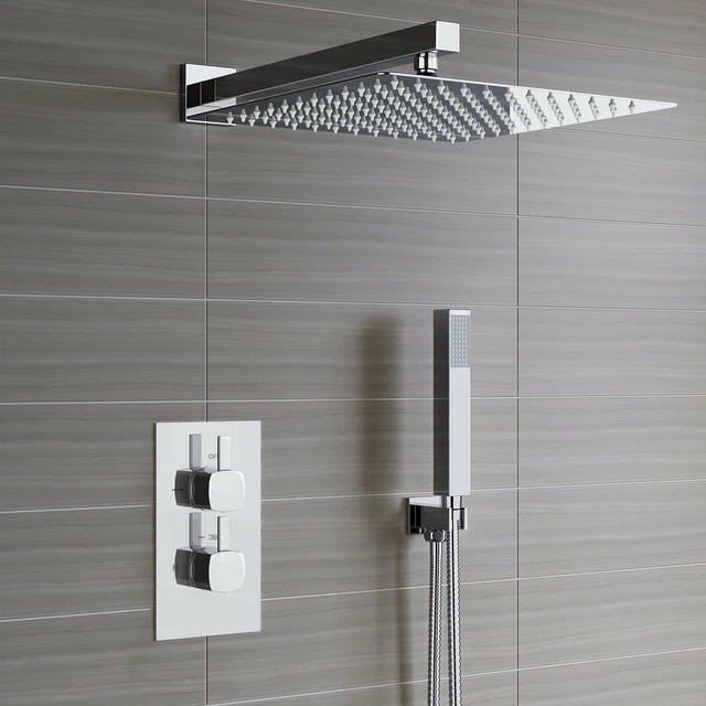 CONCEALED THERMOSTATIC SHOWER Mixer Square Chrome Bathroom Twin Head