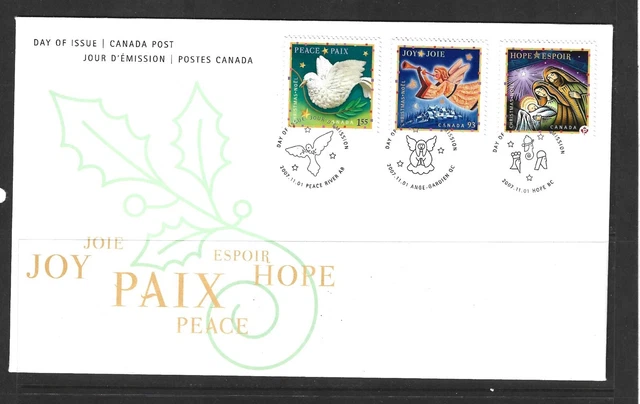 CANADA, FDC, SCOTT 2240-2242, w/3 SINGLE STAMPS, "CHRISTMAS (HOPE, JOY & PEACE)"