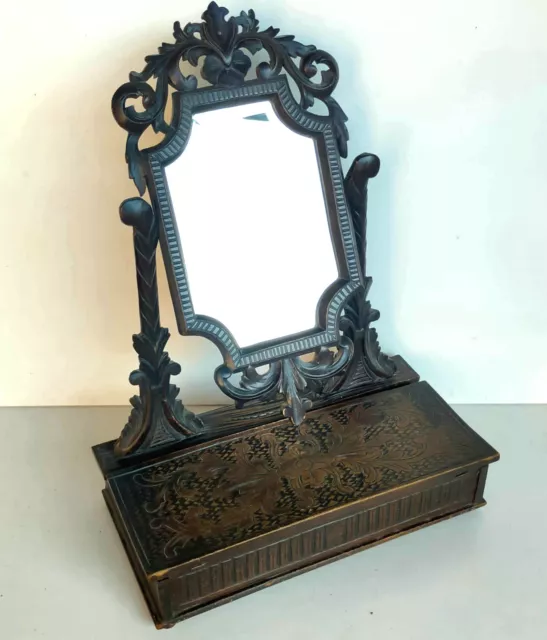 Magnifique Ancien Miroir De Table Pivotant En Bois Sculpté Forêt Noire 3