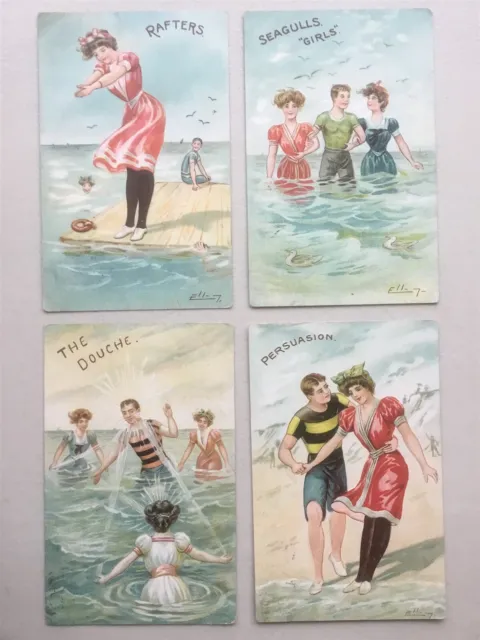 4 x Ellam 1909 embossed Seaside bathing costumes chromolithograph postcards