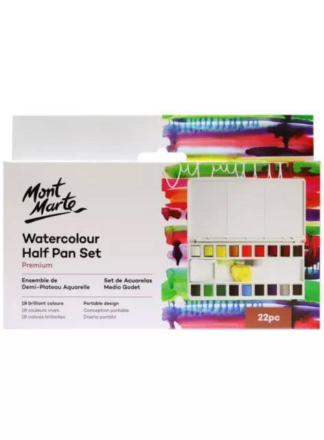 Watercolour Paint Half Pan Set 21pce 18 Colours Mont Marte Portable Compact
