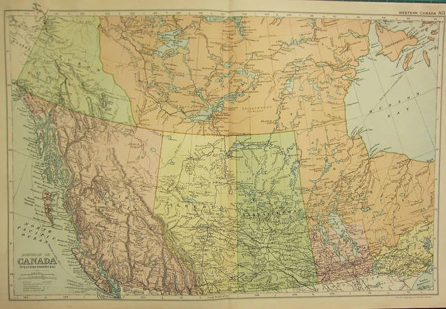 1912 Large Antique Map ~ Dominion of Canada ~ West ~ British Columbia