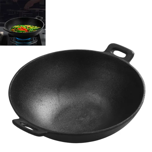 Pre-Seasoned Cast Iron kadai-chicken Wok Deep Pan Concave Frying w/ Two Handles