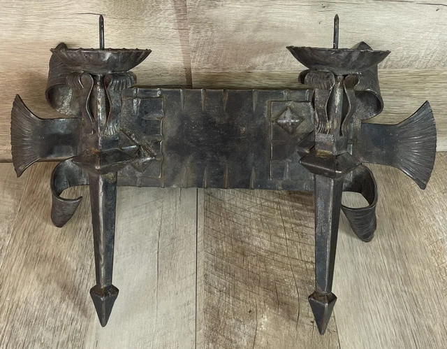 Antique Wrought Iron Gothic Medieval Style Wall Candle Holder Sconce 18” Long