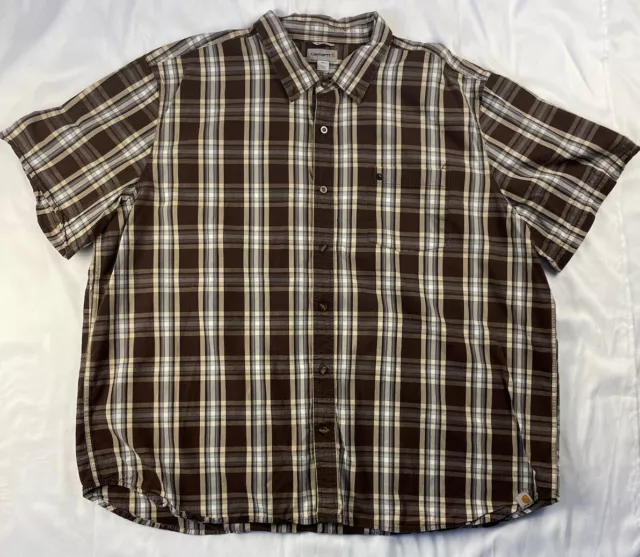 Carhart Button Shirt Mens Size 4XL Relaxed Fit Brown Plaid Short Sleeve Casual