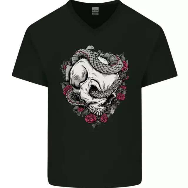 T-shirt da uomo gotica collo a V cotone Snakes and Skull Biker pesante metallo gotico